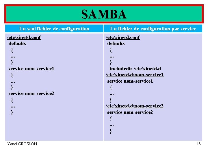 SAMBA Un seul fichier de configuration /etc/xinetd. conf defaults { . . . }