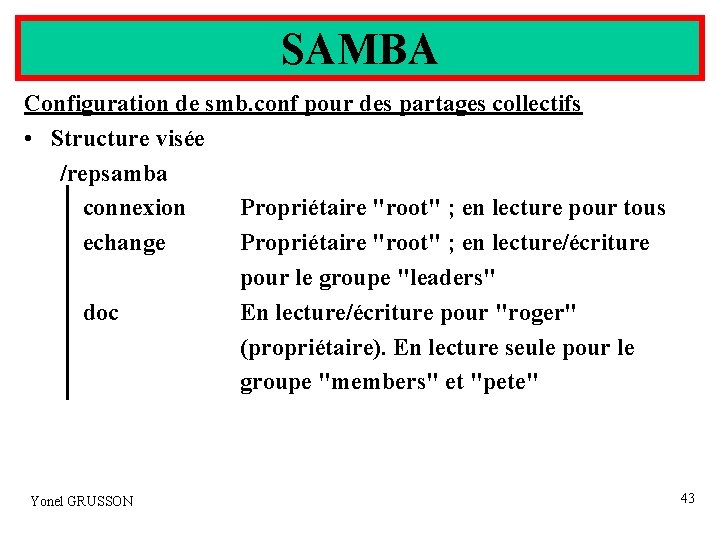 SAMBA Configuration de smb. conf pour des partages collectifs • Structure visée /repsamba connexion