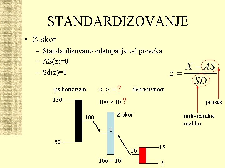 STANDARDIZOVANJE • Z-skor – Standardizovano odstupanje od proseka – AS(z)=0 – Sd(z)=1 psihoticizam <,