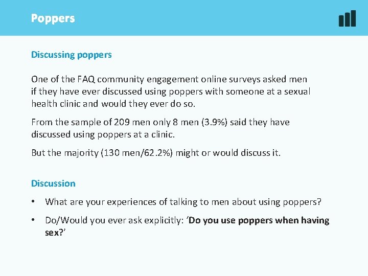 Poppers Discussing poppers One of the FAQ community engagement online surveys asked men if