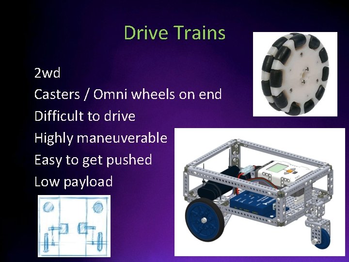 Drive Trains • • • 2 wd Casters / Omni wheels on end Difficult