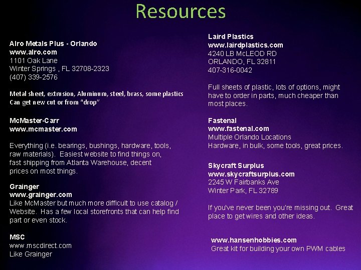 Resources Alro Metals Plus - Orlando www. alro. com 1101 Oak Lane Winter Springs