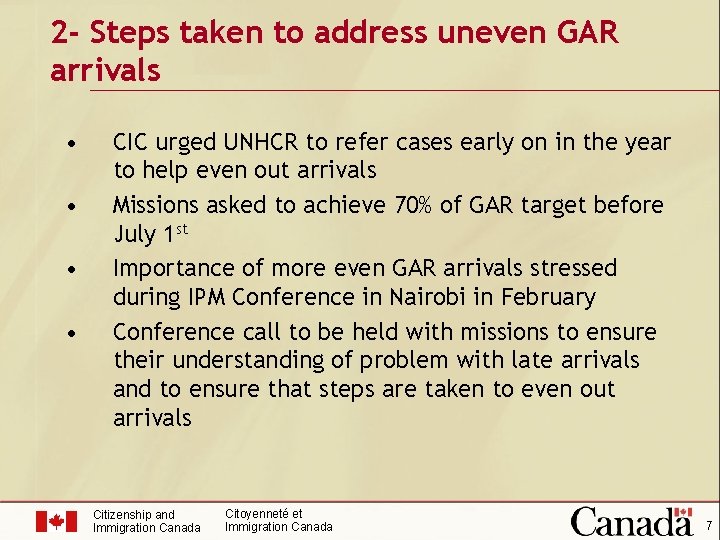 2 - Steps taken to address uneven GAR arrivals • • CIC urged UNHCR