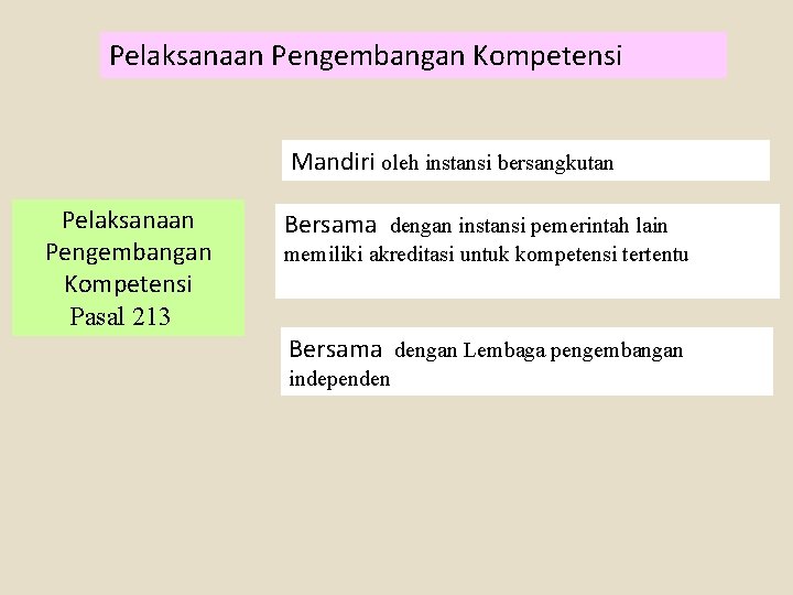 Pelaksanaan Pengembangan Kompetensi Mandiri oleh instansi bersangkutan Pelaksanaan Pengembangan Kompetensi Pasal 213 Bersama dengan