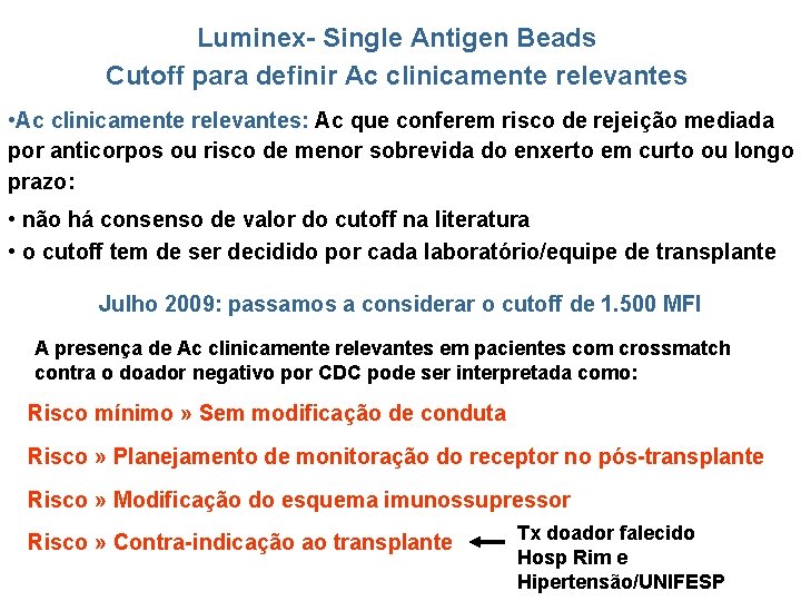 Luminex- Single Antigen Beads Cutoff para definir Ac clinicamente relevantes • Ac clinicamente relevantes: