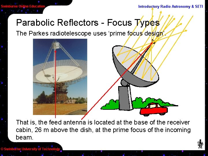 Parabolic Reflectors - Focus Types The Parkes radiotelescope uses ‘prime focus design’. That is,