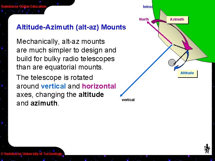 North Azimuth Altitude-Azimuth (alt-az) Mounts Mechanically, alt-az mounts are much simpler to design and