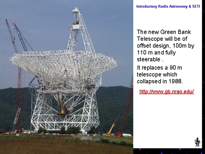 The new Green Bank Telescope will be of offset design, 100 m by 110