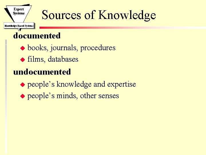 Expert Systems Sources of Knowledge Based Systems documented books, journals, procedures u films, databases