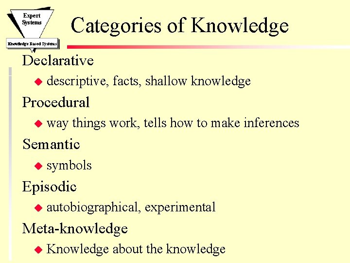 Expert Systems Categories of Knowledge Based Systems Declarative u descriptive, facts, shallow knowledge Procedural