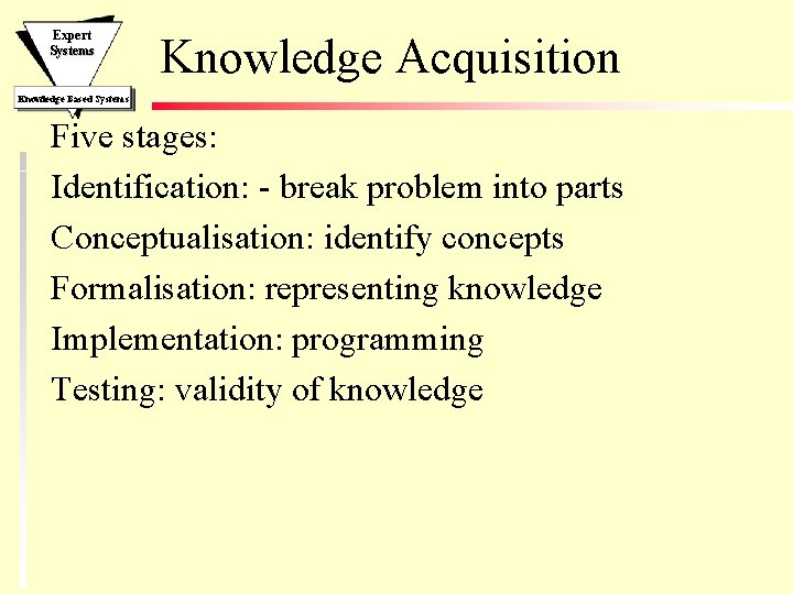 Expert Systems Knowledge Acquisition Knowledge Based Systems Five stages: Identification: - break problem into