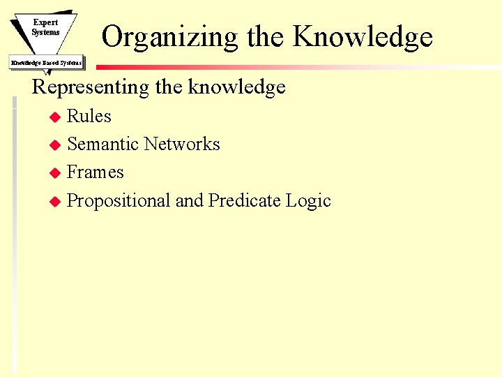 Expert Systems Organizing the Knowledge Based Systems Representing the knowledge Rules u Semantic Networks Expert Systems Organizing the Knowledge Based Systems Representing the knowledge Rules u Semantic Networks
