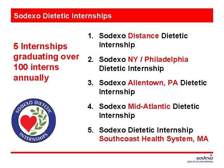 Sodexo Dietetic Internships 1. Sodexo Distance Dietetic Internship 5 Internships graduating over 2. Sodexo