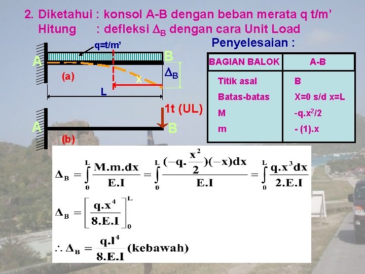 2. Diketahui : konsol A-B dengan beban merata q t/m’ Hitung : defleksi B