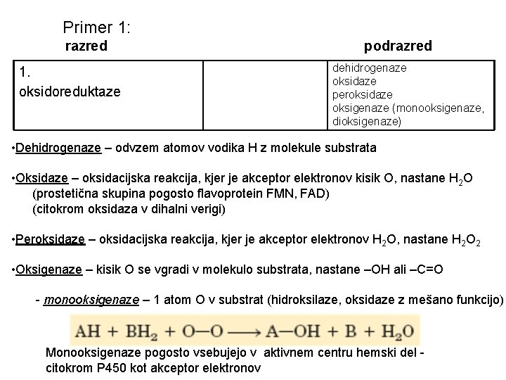 Primer 1: razred 1. oksidoreduktaze podrazred dehidrogenaze oksidaze peroksidaze oksigenaze (monooksigenaze, dioksigenaze) • Dehidrogenaze