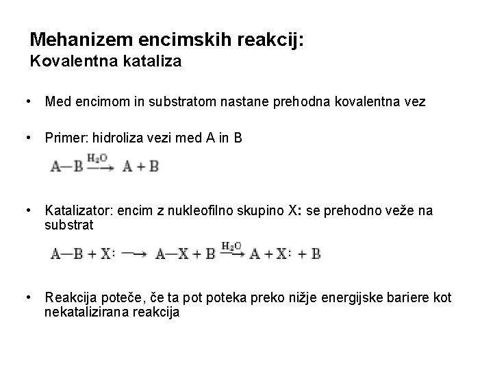 Mehanizem encimskih reakcij: Kovalentna kataliza • Med encimom in substratom nastane prehodna kovalentna vez