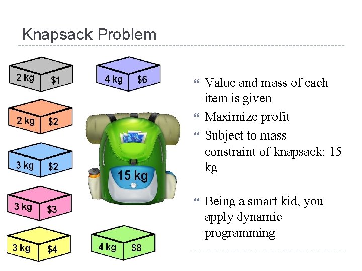 Knapsack Problem Value and mass of each item is given Maximize profit Subject to