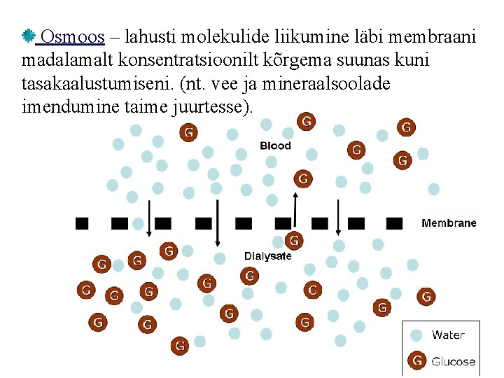 Osmoos – lahusti molekulide liikumine läbi membraani madalamalt konsentratsioonilt kõrgema suunas kuni tasakaalustumiseni. (nt.