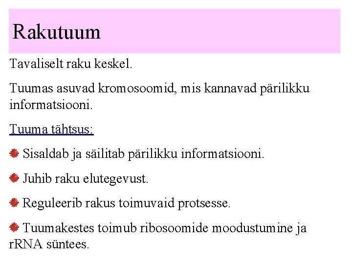 Rakutuum Tavaliselt raku keskel. Tuumas asuvad kromosoomid, mis kannavad pärilikku informatsiooni. Tuuma tähtsus: Sisaldab