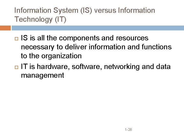 Information System (IS) versus Information Technology (IT) IS is all the components and resources Information System (IS) versus Information Technology (IT) IS is all the components and resources