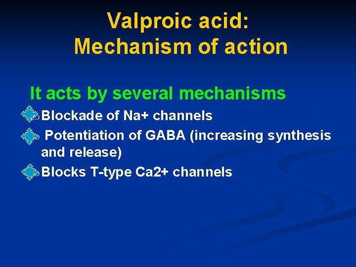 Valproic acid: Mechanism of action It acts by several mechanisms Blockade of Na+ channels