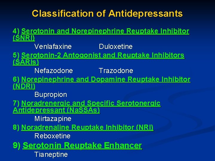 Classification of Antidepressants 4) Serotonin and Norepinephrine Reuptake Inhibitor (SNRI) Venlafaxine Duloxetine 5) Serotonin-2