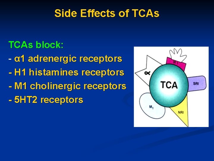 Side Effects of TCAs block: - α 1 adrenergic receptors - H 1 histamines