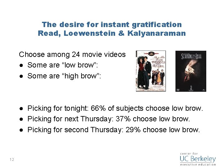 The desire for instant gratification Read, Loewenstein & Kalyanaraman Choose among 24 movie videos
