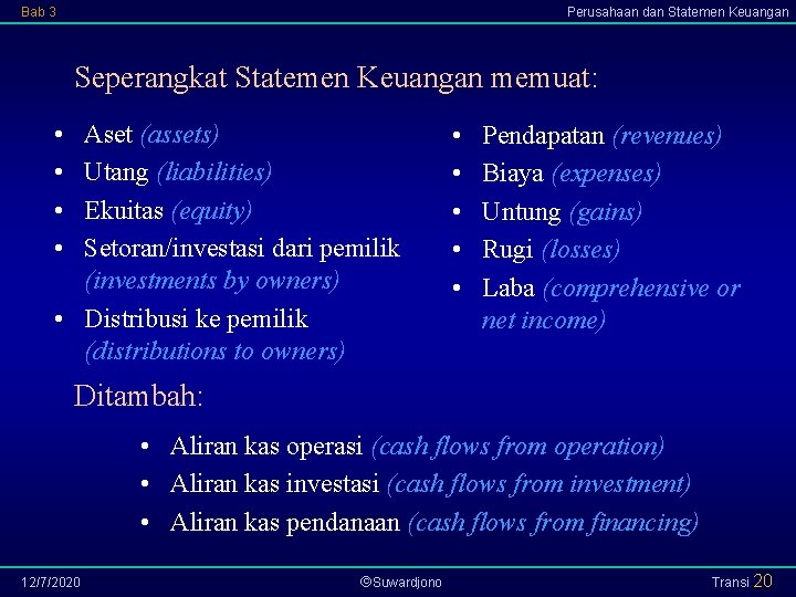 Bab 3 Perusahaan dan Statemen Keuangan Seperangkat Statemen Keuangan memuat: • • Aset (assets)