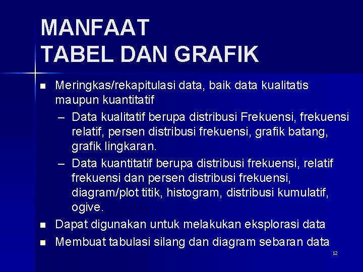 MANFAAT TABEL DAN GRAFIK n n n Meringkas/rekapitulasi data, baik data kualitatis maupun kuantitatif