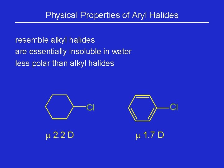 Physical Properties of Aryl Halides resemble alkyl halides are essentially insoluble in water less