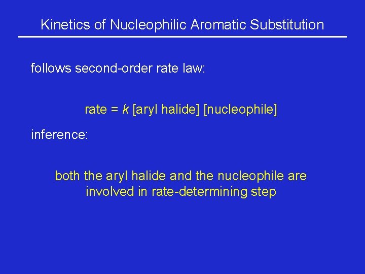 Kinetics of Nucleophilic Aromatic Substitution follows second-order rate law: rate = k [aryl halide]
