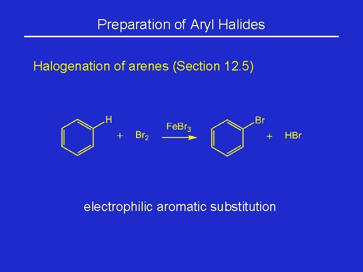 Preparation of Aryl Halides Halogenation of arenes (Section 12. 5) electrophilic aromatic substitution 