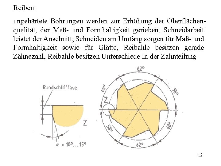 Reiben: ungehärtete Bohrungen werden zur Erhöhung der Oberflächenqualität, der Maß- und Formhaltigkeit gerieben, Schneidarbeit