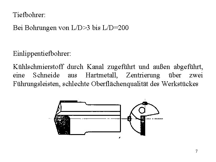 Tiefbohrer: Bei Bohrungen von L/D>3 bis L/D=200 Einlippentiefbohrer: Kühlschmierstoff durch Kanal zugeführt und außen