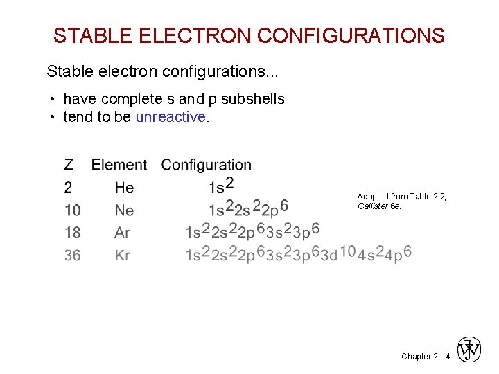 STABLE ELECTRON CONFIGURATIONS Stable electron configurations. . . • have complete s and p