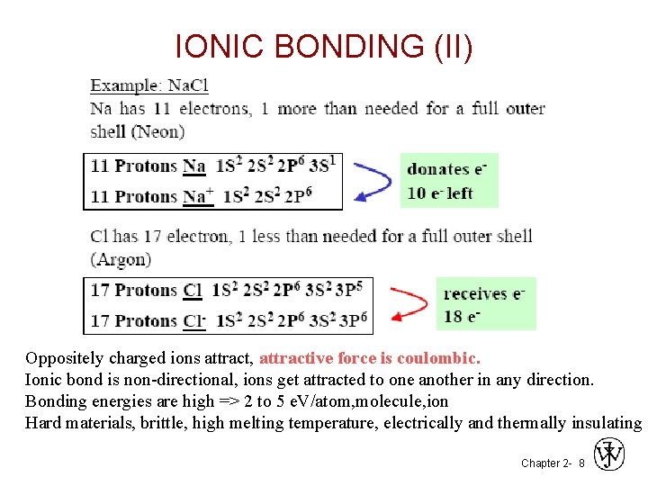 IONIC BONDING (II) Oppositely charged ions attract, attractive force is coulombic. Ionic bond is