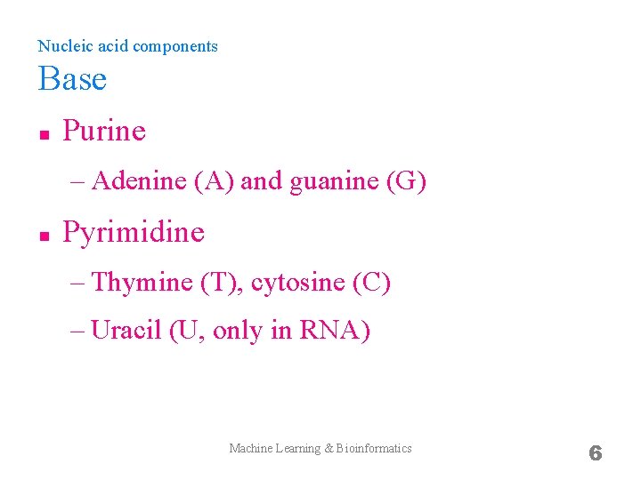 Nucleic acid components Base n Purine – Adenine (A) and guanine (G) n Pyrimidine