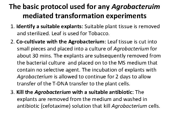 The basic protocol used for any Agrobacteruim mediated transformation experiments 1. Identify a suitable