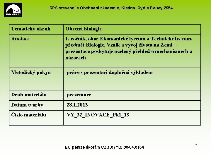 SPŠ stavební a Obchodní akademie, Kladno, Cyrila Boudy 2954 Tematický okruh Obecná biologie Anotace