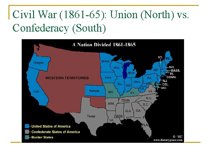 Civil War (1861 -65): Union (North) vs. Confederacy (South) 