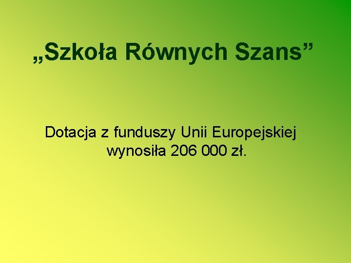 „Szkoła Równych Szans” Dotacja z funduszy Unii Europejskiej wynosiła 206 000 zł. 