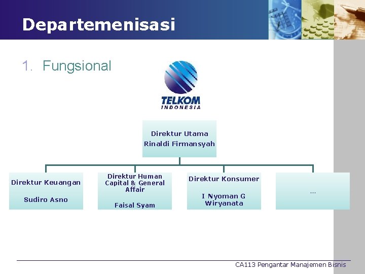 Departemenisasi 1. Fungsional Direktur Utama Rinaldi Firmansyah Direktur Keuangan Sudiro Asno Direktur Human Capital