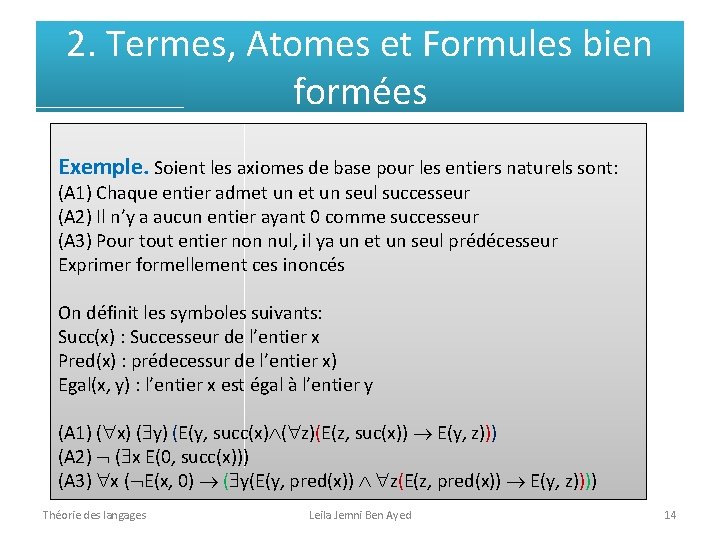 2. Termes, Atomes et Formules bien formées Exemple. Soient les axiomes de base pour