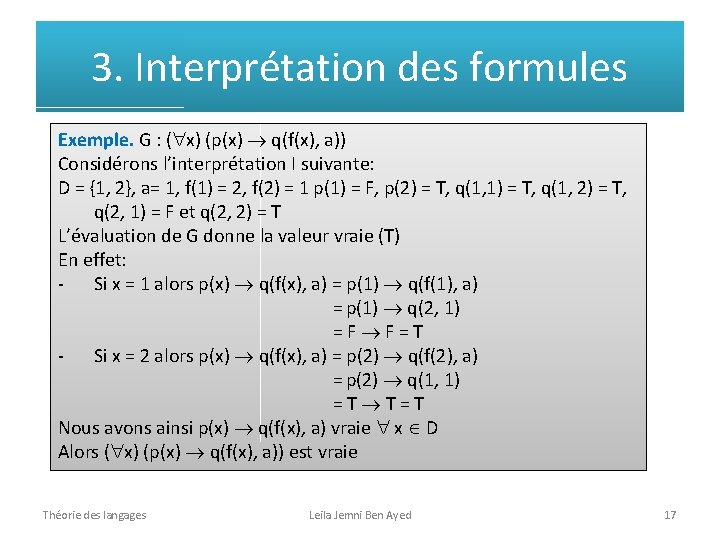 3. Interprétation des formules Exemple. G : ( x) (p(x) q(f(x), a)) Considérons l’interprétation