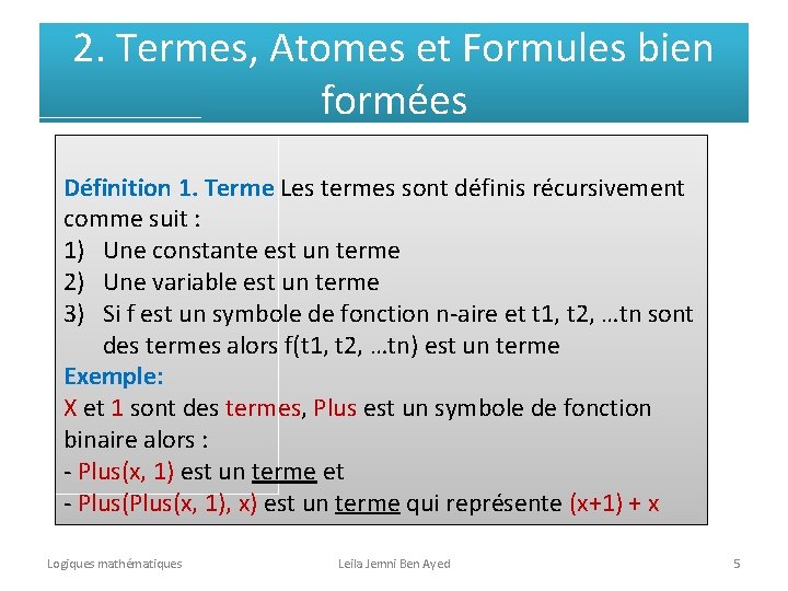 2. Termes, Atomes et Formules bien formées Définition 1. Terme Les termes sont définis