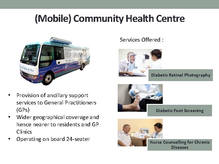 (Mobile) Community Health Centre Services Offered : Diabetic Retinal Photography • Provision of ancillary