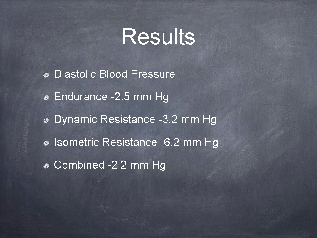 Results Diastolic Blood Pressure Endurance -2. 5 mm Hg Dynamic Resistance -3. 2 mm