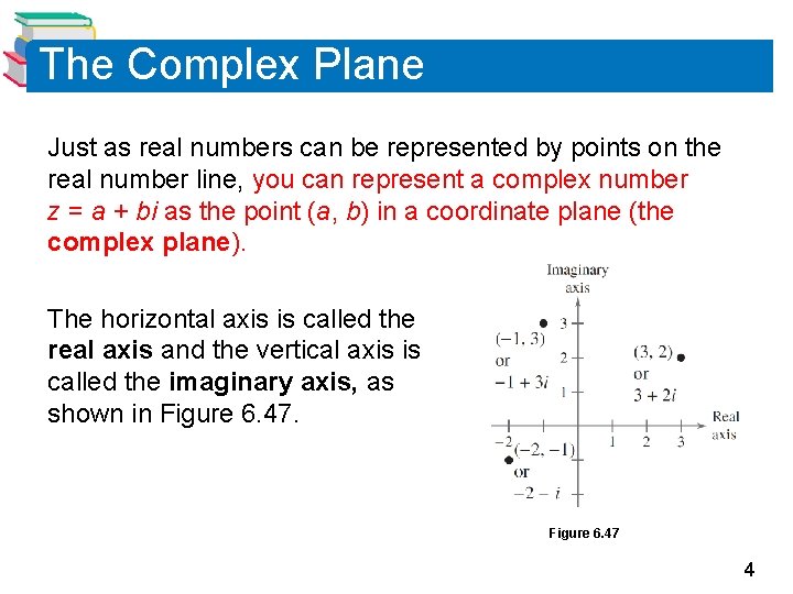 The Complex Plane Just as real numbers can be represented by points on the