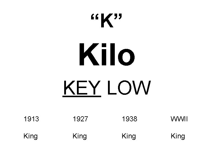 “K” Kilo KEY LOW 1913 1927 1938 WWII King 